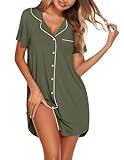 Ekouaer Nightgowns for Women Button Down Sleepshirts Short Sleeve Nightshirt V Neck Boyfriend Sleepdress Soft pajamas, Army Green, M