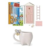 Ratoncito Pérez Puerta mágica Rosa + Taza Infantil niña + Escalera + Plato + Queso + Felpudo + Llave + Dibujo Fondo de Puerta + Postal de felicitación para Pintar Las Fechas de los Dientes caídos