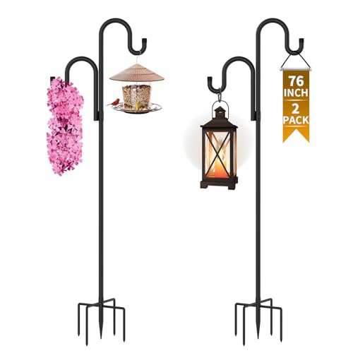 GARGENTOL Double Shepherds Hooks for Outdoor, Bird Feeder Pole with 5 Prongs Base, Heavy Duty Garden Hook for Lantern, Wind Chime and Hummingbird Feeder, 76 Inch, 2 Pack
