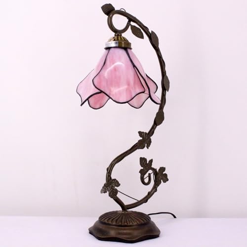 Image of WERFACTORY Tiffany Lamp Pink Stained Glass Table Desk Reading Light 21 Inch