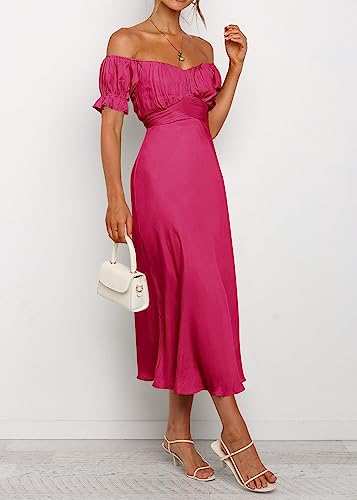 Image of KIRUNDO Women's Satin Summer Wedding Guest Cocktail Dress | 2026 Spring Fall Party Midi Dress, Silky, Elegant Off Shoulder Short Sleeve, Ruffle Mermaid Hem, Wrap Prom Formal Outfits