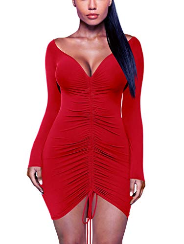 XXTAXN Women's Sexy Long Sleeve Fall Prom Club Slim Fit Knee Length Dress Red