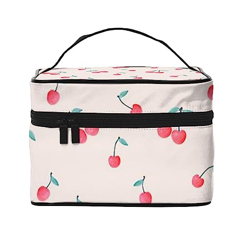 Trousse organizer per trucchi grande colorata con stampa di pietre da viaggio con cerniera per donne e truccatori borsa quadrata portatile Bella dolce ciliegia rossa. Taglia unica
