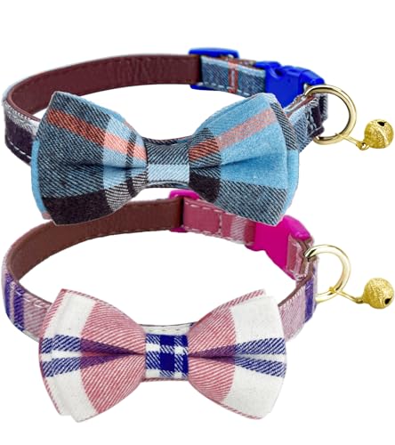 Image of Plaid Dog Collar with Bow, 2 Pack /Set Adjustable Cute Dog Bow Tie Collars with Bell, Best Pet Gift for Small Medium Large Boy Male Dogs