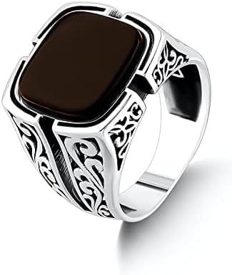 925 Sterling Silver Black Onyx Stone Symmetrical Ivy Pattern Stylish Men's Ring Gift Accessory Valentine Gift Band Biker Casual Surprise