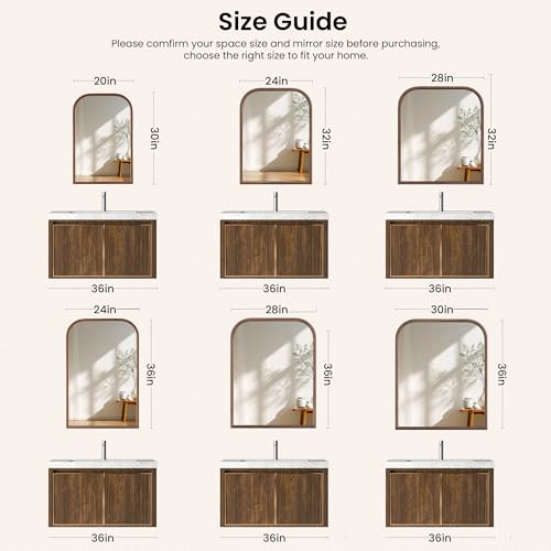 Image of 28 inchx32 inch Arch Wall Mirror for Wall, Wall Mounted Vanity Mirror for Bedroom, Wood Grain Finish Frame Mirror with Tempered Glass, Vintage Decorative for Bathroom, Entryway, Living Room, Walnut