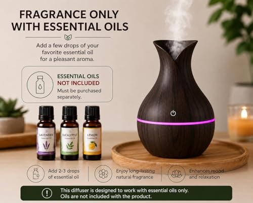 Image of Aroma Diffuser with Wooden Finish, Ultrasonic Essential Oil Diffuser & Humidifier, LED Night Light, Quiet Air Freshener for Home Bedroom Office Spa