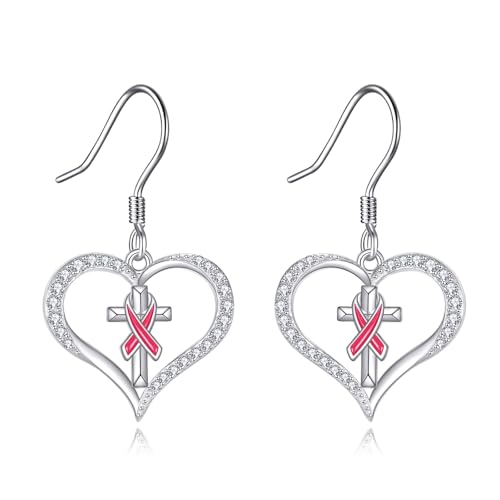 Boucles d'oreilles croix cancer du sein en argent 925 et cœur rose