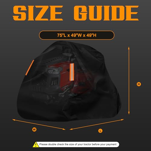 Riding Lawn Mower Cover Waterproof Outdoor, Tearproof Polyester Ride On Tractor Cover for UV,Dust,Rain,Windproof,Universal Fit for Garden Lawnmower,Reflective Strips,Black-75\"Lx49\"Wx49\"H
