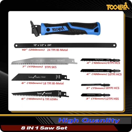 Image of 8-In-1 Multi Blades Hand Saw, Drywall Cutter. Hacksaw. Long Blade, Jab Saw, For Cutting Drywall, Sheetrock, Wood, Metel, Plastic, Plywood. Blade Quick Change Mechanism. Blue Handle