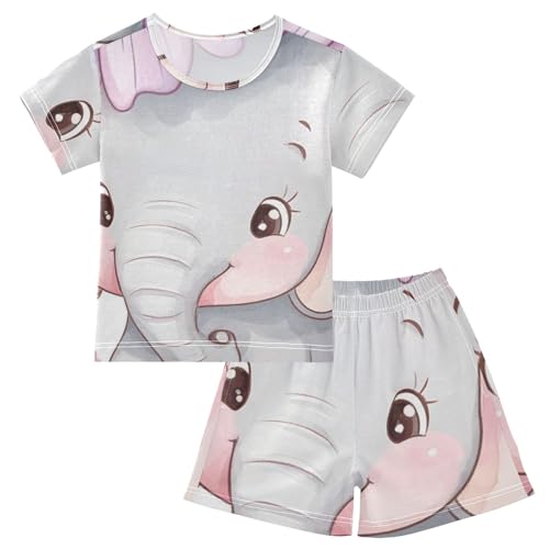 Summer Pajama Set Elephant Purple Flower, Short Sleeve Sleepwear Nightwear