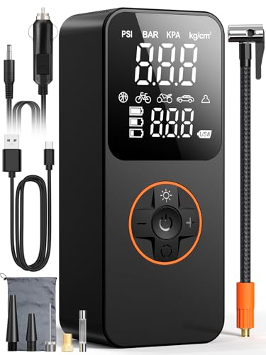 compressore aria portatile, 150 psi (10,3bar) mini compressore portatile con arresto automatico & led, inflazione rapida, batteria 6000mah, usb-c, gonfiatore elettrico per auto/moto/bici/palla, nero