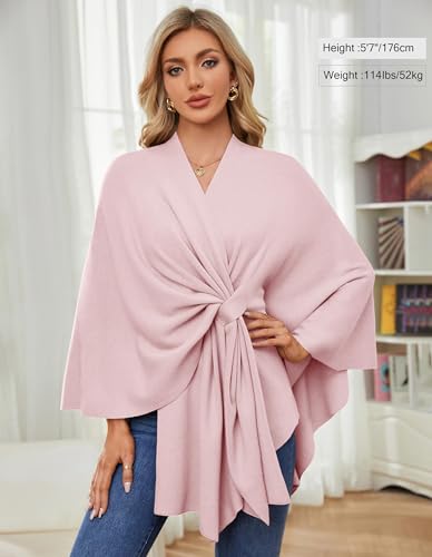 PULI Damen Elegant Poncho Strick Ponchos Capes Vorne öffnen Vielseitige Schalwickel mit Lasche Rosa