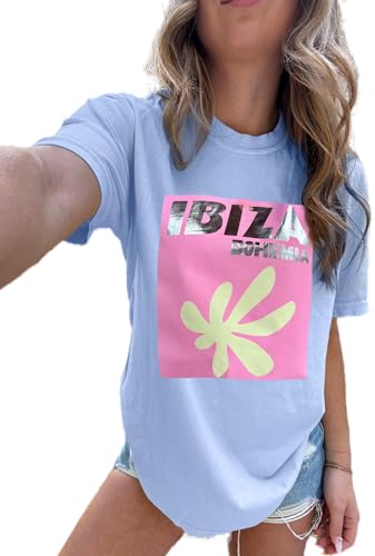 Image of Vintage Oversized Flower Graphic Tees Cute Surfboard Palm Baggy T-Shirts Summer Preppy Beach Tops Teen Girls Clothes