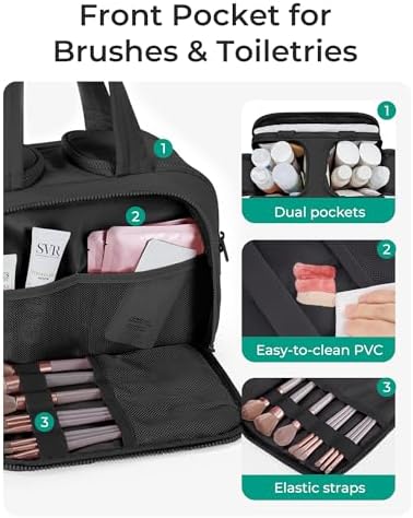 BAGSMART Travel Toiletry Bag, Lightweight Large Wide-open Travel Bag for Women, Puffy Cosmetic Makeup Bag Organizer with Handle for Accessories,Essentials, Toiletries, Black