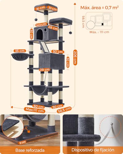 Miniatura 6 de Feandrea Árbol Para Gatos Grandes, Torre De Gatos De 206 Cm De Altura Con 13 Poste, 2 Plataformas, 2 Cuevas, Cesta, Hamaca, Pompón, Rascador Multinivel, Gris Ahumado Pct190g01