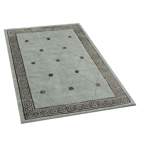 Classical Athens II Greek Key Area Rug | 3 feet 6 inches x 5 feet 6 inches | Slate Blue and Chocolate Brown | Hand-tufted and Handcarved Pure Wool Rectangle Area Rug with a Luster Washed Sheen