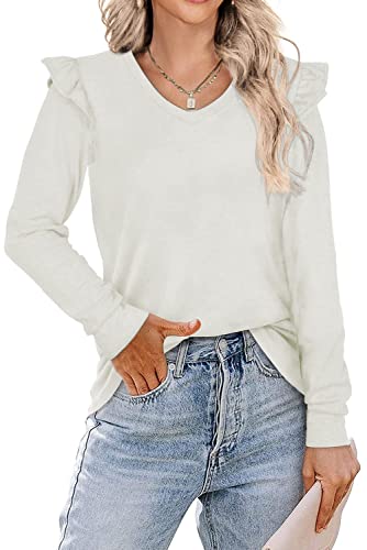 Yageshark Camiseta de manga larga para mujer, cuello redondo, monocolor, informal, tops, z-blanco., S Cover