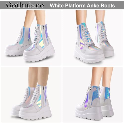 Image of Gothniero Platform Goth Ankle Boots for Womem Black Holographic Combat Chunky Heel Boots with Side Zip Lace Up Wedge Booties US5.5-11