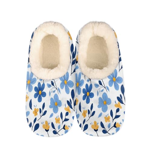 Blue Flowers Printed Slippers for Women Slipper Socks Soft Fuzzy House Slippers Shoes for Indoor Bedroom, Winter Cozy Christmas Gifts