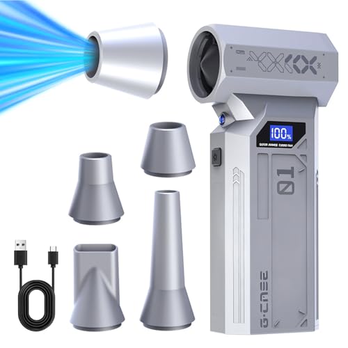 AURIVEE Soplador de Polvo Eléctrico, 120000 RPM 4 Velocidades, Soplador de Aire Inalámbrico Portátil con Luz LED & Boquillas, para Coche, Garaje, Patio, Césped, Jardín (Plateado)