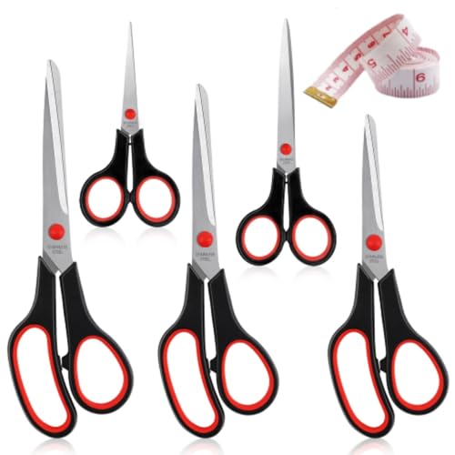 Qcdou 5 Pack Scissors Set Multipurpose Kitchen Scissors Heavy Duty Stainless Steel Paper Scissors Sharp Blades Comfort Grip Handle for Craft Home Kitchen Offices Schools 5 Size(Red/Black)