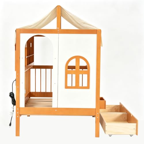 Image of House Bed with Tent and Bookshelf, 2 Drawers, USB Charging
