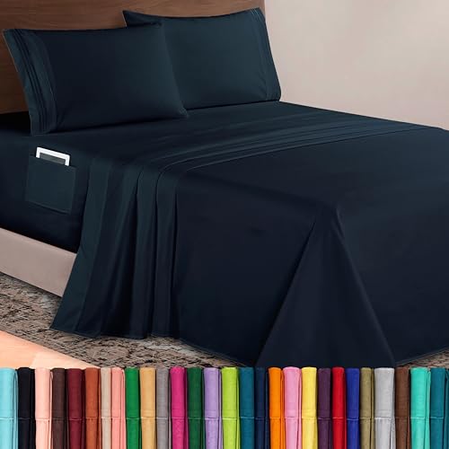 Image of Elegant Comfort Luxurious 1500 Premium Hotel Quality Microfiber 4-Piece Sheet Set, 18-24 Inches Deep - Extra Deep Pocket Sheets - Ultra Soft 4PC Deep Pocket Sheets, Queen, Black