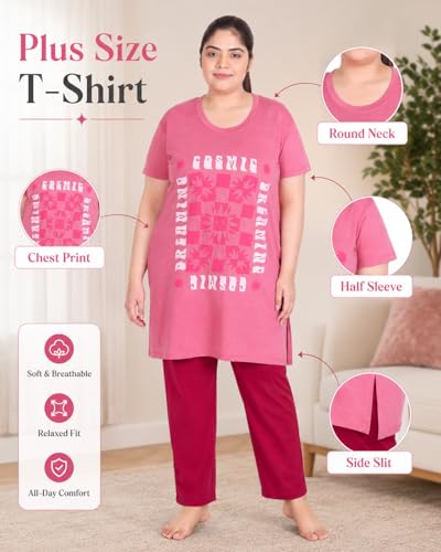 Image of In Love Women Cotton Regular Fit Plus Size Long-Line Chest Print T-Shirt with Pocket