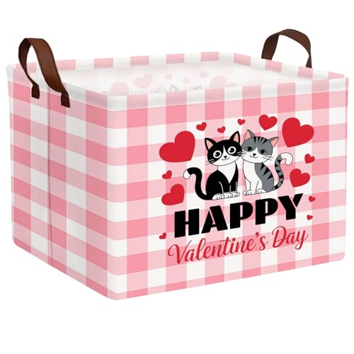 Image of Cute Large Valentine's Day Gift Basket Empty Heart Decor Storage Bin for Kid Baby Room Decor (Pink Checkered Cat)