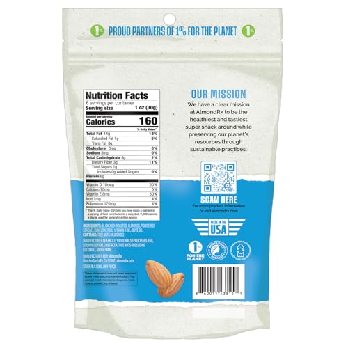 Image of AlmondRx | Heart Healthy Skinless Lightly Salted California Almond Snack Packs | Fortified with Vitamin D | Plant Protein | Keto | Vegan | No Sugar Added (6 Ounce (Pack of 1), Sea Salt)