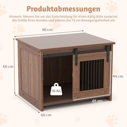 COSTWAY Hundekäfig Möbel, Hundebox für Zuhause, Hundehütte mit Schiebetür, Haustierkäfig aus Metall Holz, Beistelltisch modern, Indoor, für kleine & mittelgroße Hunde, 80 x 60 x 60 cm (Braun)