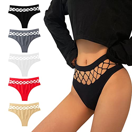 KOEMCY 5 Piezas Bragas Mujer Diseño Rejilla Braguitas sin Costuras Ropa Interior Transpirable Suave Algodon Invisible Confortable Uso Diario