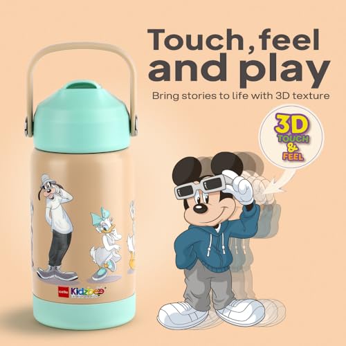 Image of CELLO Kidzbee Gen Alpha Stainless Steel Kids Flask Water Bottle 370ml | 3D Mickey Family Touch & Feel Design Leakproof Lightweight Easy to Carry Hot and Cold Kids Flask Water Bottle For School, Travel