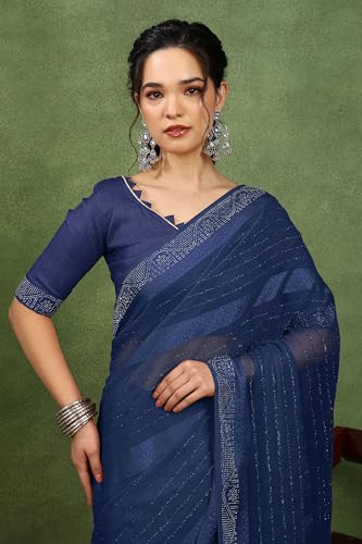 Image of MIRCHI FASHION Saree for Woman Georgette Solid with Satin Stripes | Stone Border Farewell and Ceremonial Sari with Blouse Piece
