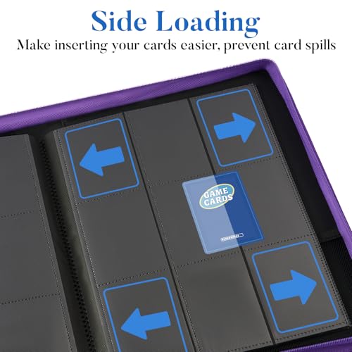 Image of Premium Zip Card Binder, Fabmaker 9 Pocket Trading Card Binder, PU Cover Zipper Card Collection Album, Sturdy 360 Side-Loading Card Folder Holder for Game & Sports Cards, Purple