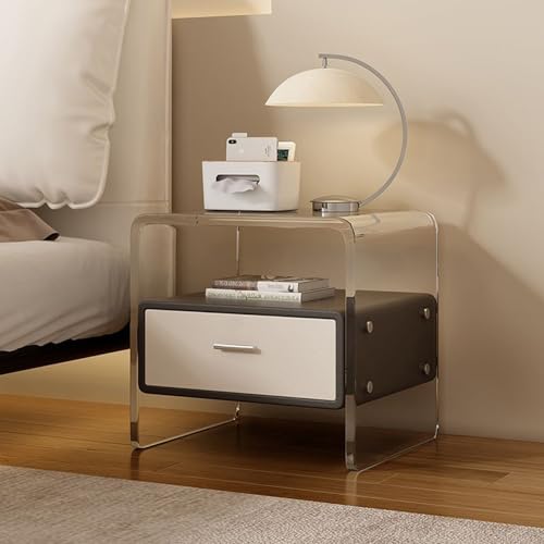 Acrylic Nightstand, Clear Acrylic Bedside Table with Storage Space, Modern Design Clear Bedside Table with Drawer for Bedroom, Living Room (Dark Gray)