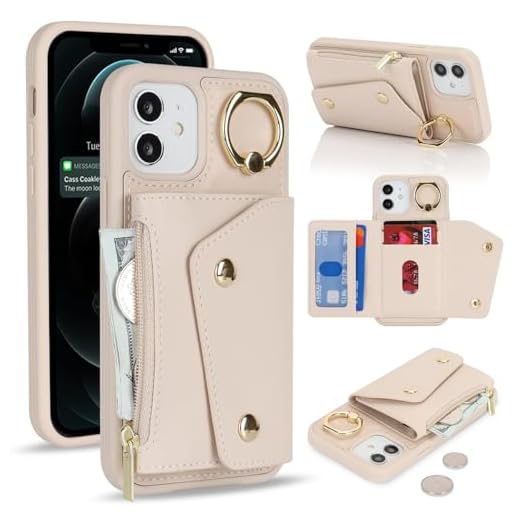 Lipvina for iPhone 12 Case Wallet with Card Holder - Zipper Pocket,Credit Card Slots,RFID Blocking,Stand Ring,PU Leather Double Snap Cover for Women and Men(Beige,6.1 Inch)