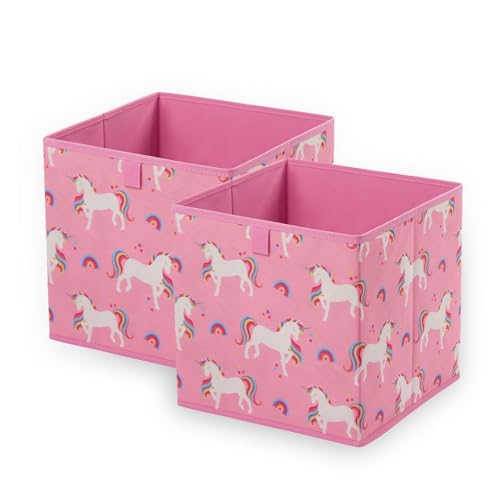 OHS Pack of 2 Foldable Fabric Storage Boxes For Kids, Space Saving Storage Baskets Home Organiser Toys Clothing Bathroom Pop Up Collapsible Unicorn Print Girls Cube Storage, Pink