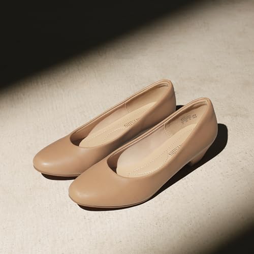 DREAM PAIRS DREAM PAIRS Women's Mila Low Chunky Heel Pump Shoes,Size 8.5,Nude/Pu,Mila