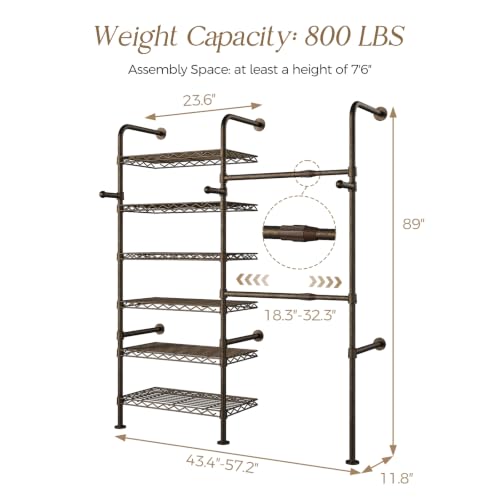 Closet Organizers Wall Mounted Closet System, 2-Row Heavy Duty Garment Clothes Rack, Industrial Pipe Clothing Rack with 2 Telescopic Rods, 3 Hooks & 6 Shelves for Bedroom, Wardrobe, Black and Gold - Image 2