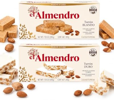 El Almendro Spanish Turron Gift Box Set – 2 Traditional Gift Boxes Almond Nougat Candy from Spain – Includes Creamy Turrón Blando & Crunchy Turrón Duro – Holiday Gift, Christmas Dessert, Gourmet European Candy – 14.1 oz Total