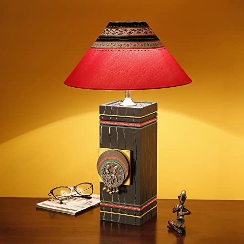 Image of AAKRITI ART CREATIONS MDF Board Table Lamp for Study Room, Bedroom & Living Room Decoration | Dhokra Dhokra Tribal Motif Bedside Lamp with Cotton Fabric Shade | Aesthetic Night Lamp