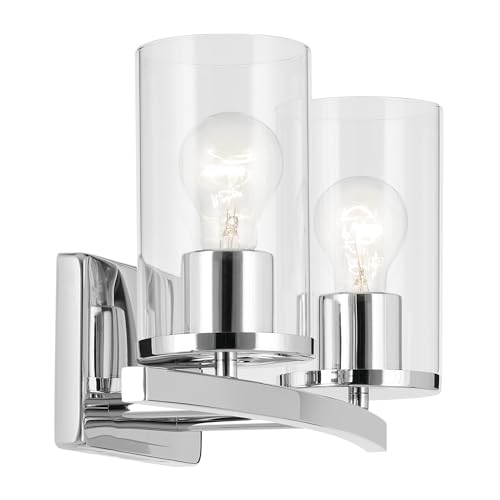 Image of Kichler Crosby 15.25 inch 2-Light Bathroom Vanity Light Fixture with Clear Glass in Chrome for Modern Powder Room, Wall Mount Over Mirror (15.25 inch x 8.75 inch), 45496CHCLR