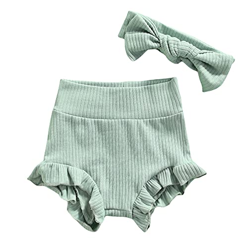 Image of Mubineo Infant Baby Girl Basic Plain Cotton Ruffle Bloomer Shorts Headband Set (Green, 6 Months)