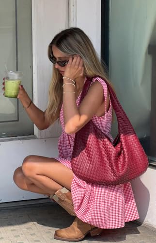 utcoco Women's 2025 Summer A Line Flowy Plaid Mini Dress Y2k Tie Shoulder Babydoll Dress Beach Vacation Outfits4