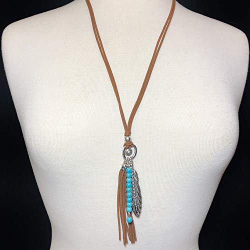 Gypsy Jewels Long Faux Suede Tassel Fringe Simulated Turquoise Stone Western Style Unique Necklace (Brown Feather) - Image 3
