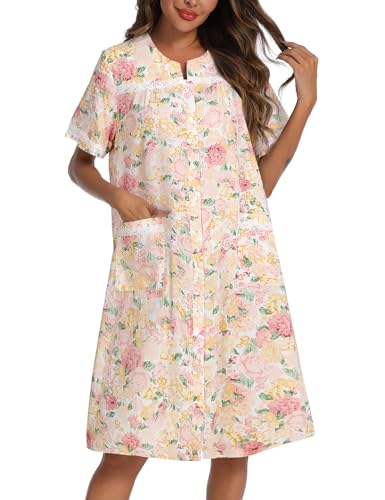 100% Cotton Nightgowns for Women Short Sleeve House Dress Buttons Down Housecoat with Pockets