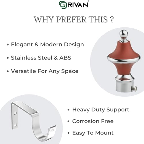 Image of GRIVAN Stainless Steel & ABS Curtain Bracket Parda Holder with Support 1 Inch Rod Pocket Finials Designer Door and Window Rod Support Fittings, Curtain Rod Holder (Pair of 3, Maroon)