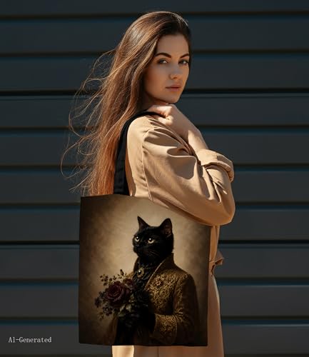 Image of Cute Cat Canvas Tote Bag for Women， Aesthetic Reusable Shoulder Bag for Shopping Travel Work